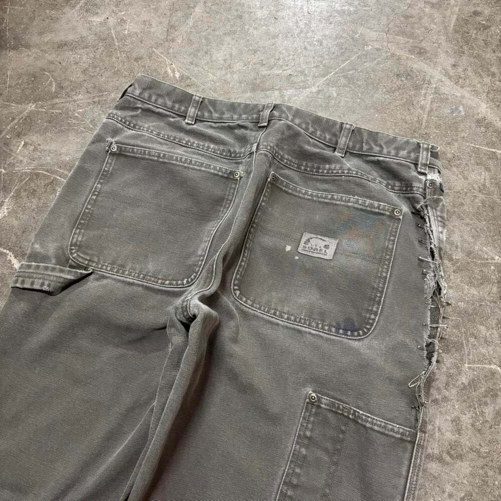 Vintage 90s Sorel Faded Green Canvas Work Pants Distressed Safety Pin Details 34